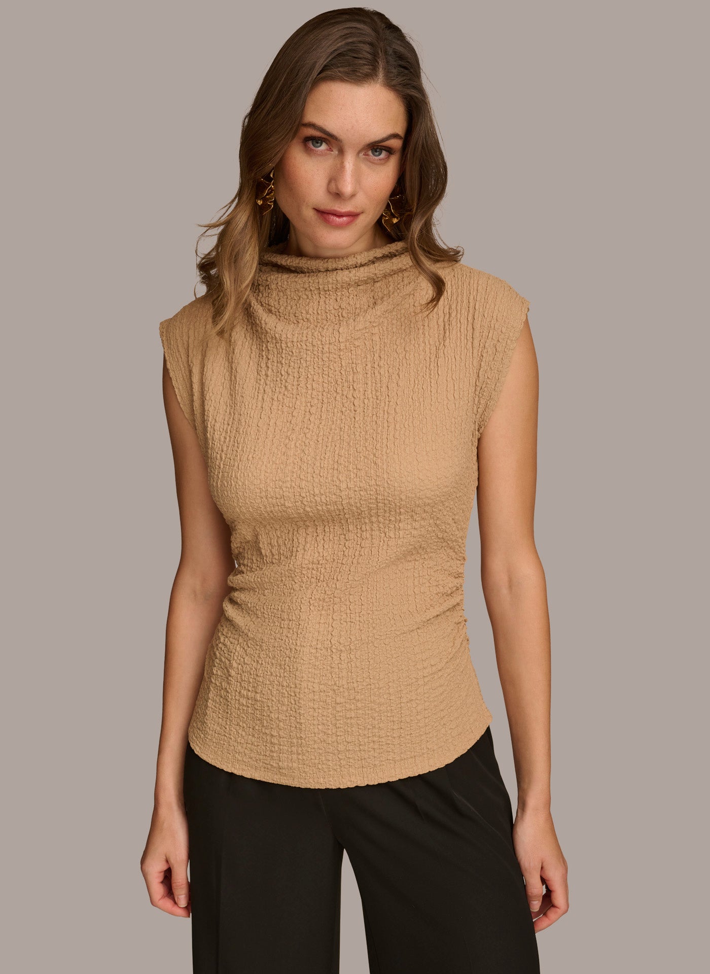 (image for) CONCISE TEXTURED MOCKNECK TOP WITH RUCHING